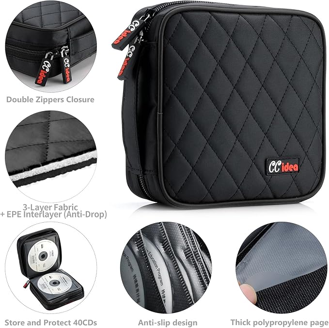 CCidea 40 Capacity CD/DVD Case Holder Portable Wallet Disc Storage Binder for Car, Home,Travel Carrying Organizer (Black) Specials