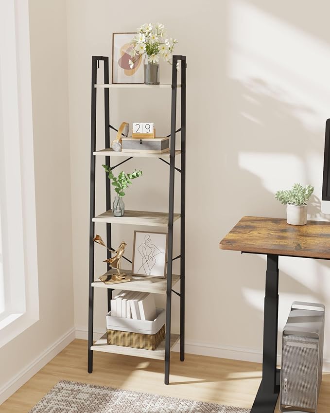 Hzuaneri Ladder Shelf, Bookshelf Bookcase, Freestanding Corner Storage Shelve with 2 Hooks for Home Office, Living Room, Kitc