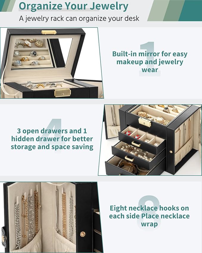 AKOZLIN 4-Tier Jewelry Box Leather Jewelry Storage Organizer with 3 Drawers Lockable for Women Girls Ring Necklace Earring Br