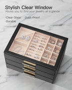 Vlando Jewelry Box for Women, Glass Lid Jewelry Organizer with 3 Drawers for Necklaces Rings Earrings Bracelets - Black