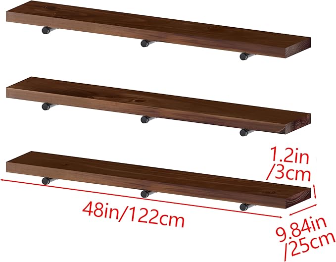 Industrial Pipe Wall Wood Shelves,Real Wooden Shelves 48" in Walnut Color with 1.2" Extra Thick, Modern Floating Shevles Book