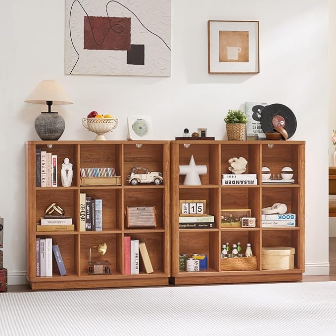 Joaxswe 9 Cube Storage Book Shelf, 40.5" Wide Organizer Bookshelf with Curved Edge, Wood Floor Standing 3-Tier Cubby Bookcase