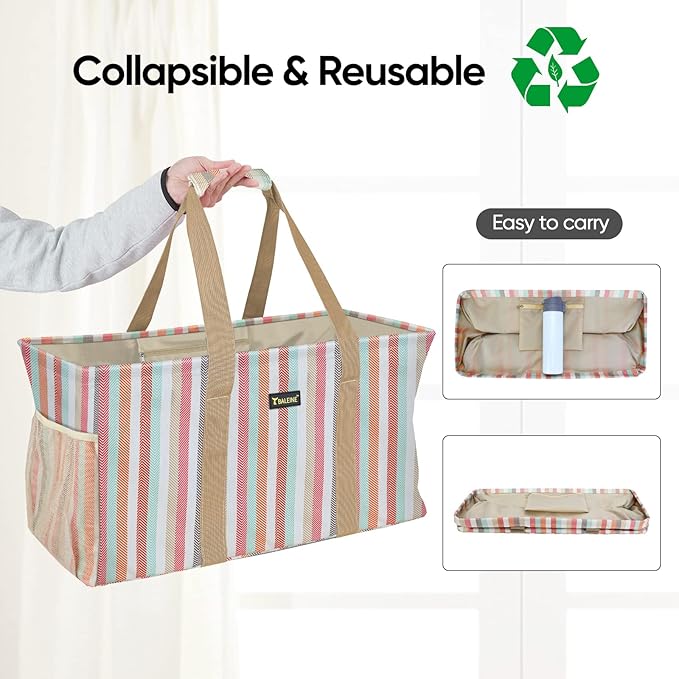 BALEINE Extra Large Utility Tote Bag with Reinforced Wire Frame, Reusable Grocery Bag for Shopping, Picnic (Color Stripe, 22''x12''x10'')