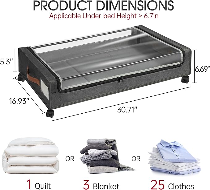 Yecaye Under Bed Storage with Wheels, 2Pack Grey Under Bed Storage Containers and 2Pack Beige Under Bed Shoe Storage with Div