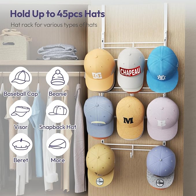 SWTYMIKI Over Door Hat Organizer - 3 Tier Metal Adjustable Wall Mounted Hat Rack with 9 Hooks Design, Hanging Baseball Cap Or