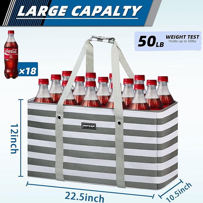 Stand Up Extra Large Utility Tote Bag, Foldable Reusable Grocery Bags with Metal Wire Frame & Reinforced Bottom Board, Large Utility Tote for Shopping, Car Trunk, Beach Bag (Grey)