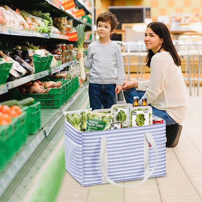 LHZK Standing Utility Tote Bag with Metal Wire Frame and the Sides Rinforced, Large Tote Bag with Handle, Reusable Grocery