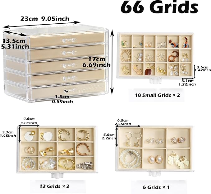 YUFONG Jewelry Organizer with 5 Drawers Clear Acrylic Earring Display Case Velvet Jewelry Storage Box Display Holder for Earr
