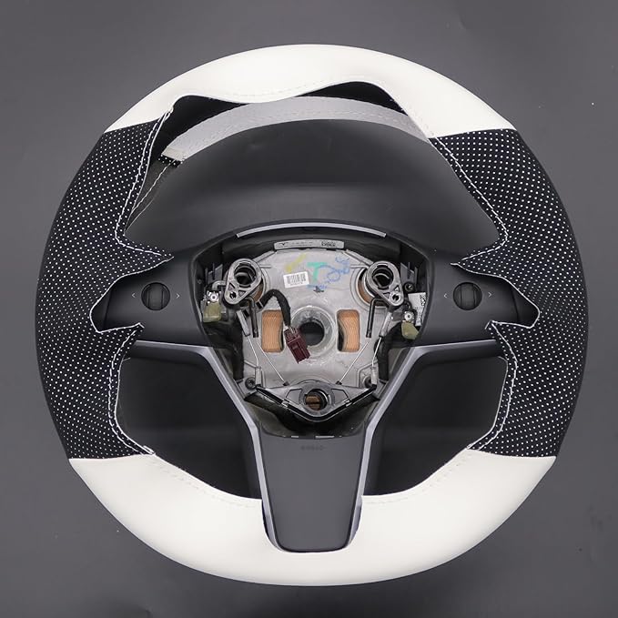 MEWANT Hand Stitched White Leather Tesla Model 3 Steering Wheel Cover for Tesla Model 3 2017-2023 / Model Y 2020-2023 for Tesla Model 3/Y Accessories