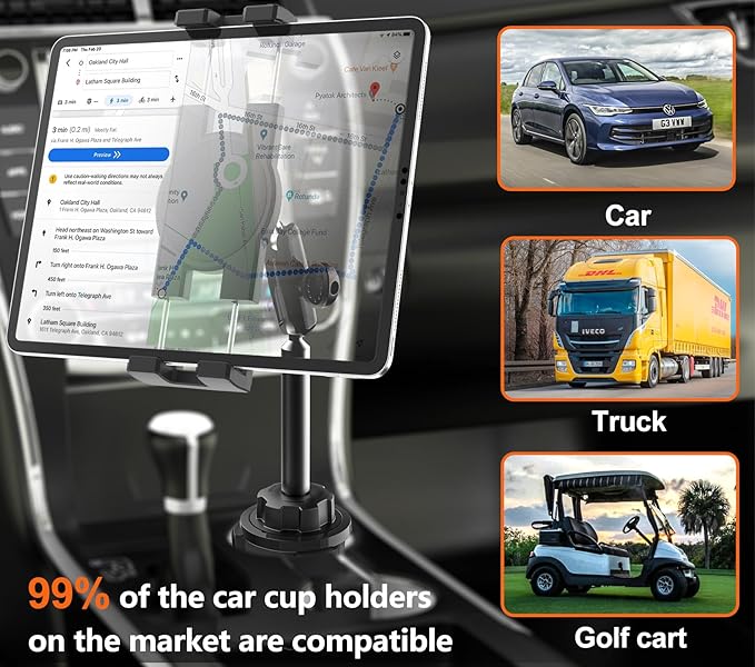 Car Cup Holder Tablet Mount Heavy Duty [No Shaking 360° Rotation] Truck Cupholder iPad Holder with Metal Arm for Tablet & Phone, iPad Pro Air Mini, Galaxy Tab, Kindle, Surface, 4-12.9"