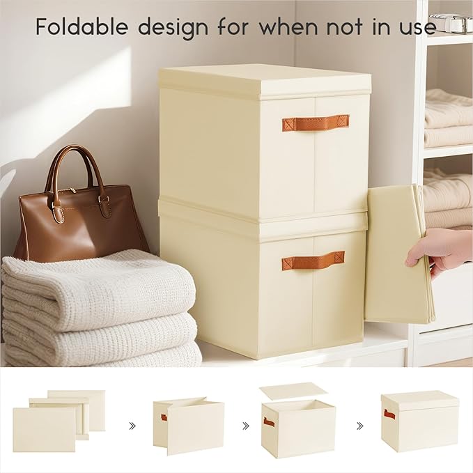 Homsorout Storage Bins with Lids - Fabric Storage Baskets for Shelves, 4 Pack Foldable Decorative Boxes with Handles, Stackab