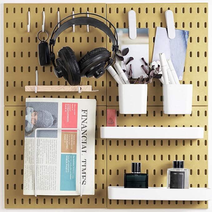 MULSAME Pegboard Combination Kit, Wall Mounted Storage Set with 4 Pegboards & 14 Accessories Hanging, Yellow Peg Boards Organ