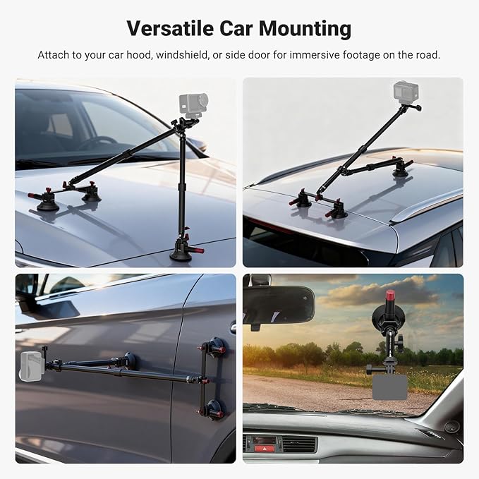 NEEWER Triple Suction Cup Car Mount Kit, Two 24" Aluminum Alloy Extension Poles, NATO Rail, Action Camera Adapter Compatible with GoPro DJI Insta 360, Max Load 2.2 lb, CA166