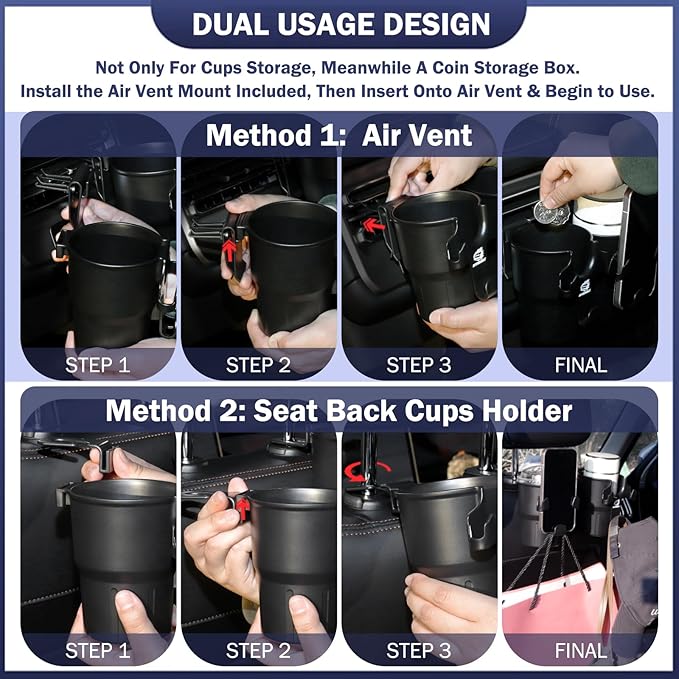 Headrest Back Seat Car Cup Holder, Versatile Road Trips Car Storage Organizer with Hanger for Bottles, Drinks, and Coins, Compatible with Cars, SUV, Trucks 2 Pack