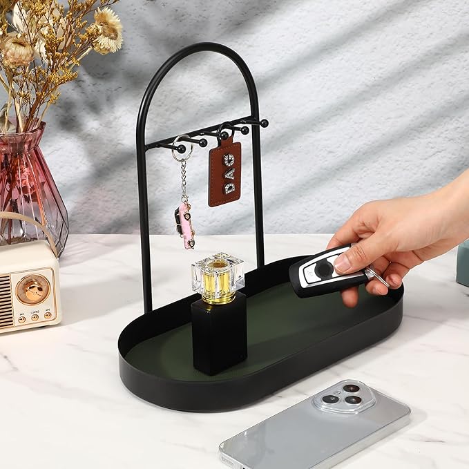 MAQUITA Jewelry Organizer Stand & Key Holder Tray with Acrylic Base, Key Stand and Jewelry Tray with 5 Hooks
