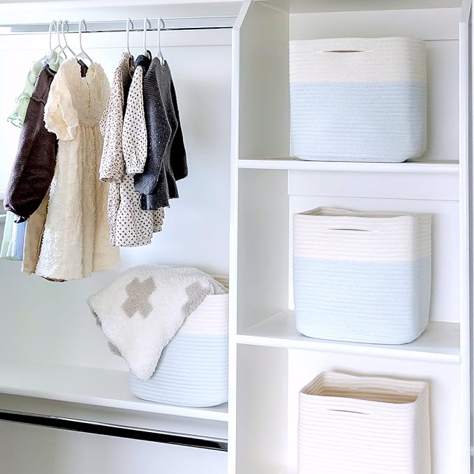 NaturalCozy Storage Cubes 11 Inch Cotton Rope Woven Baskets for Organizing, 3-Pack | Cube Storage Bin | Square Storage Basket