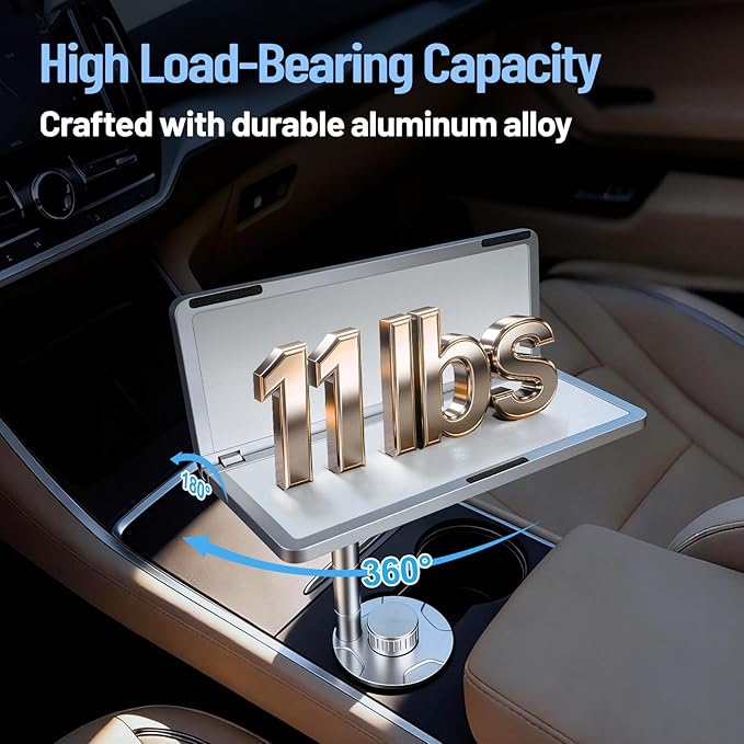 Car Table & Car Desk Tray for Round Cup Holder, 360° Rotating & Foldable Design, Easy Install, Car Accessories Compatible with Tesla