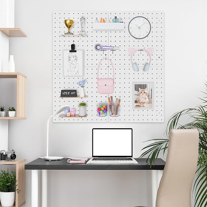 FZK Peg Board, 25pcs PegBoard Wall Organizer, 12in*12in, Includes 4 White Pegboard and Accessories, Plastic Pegboard for Room