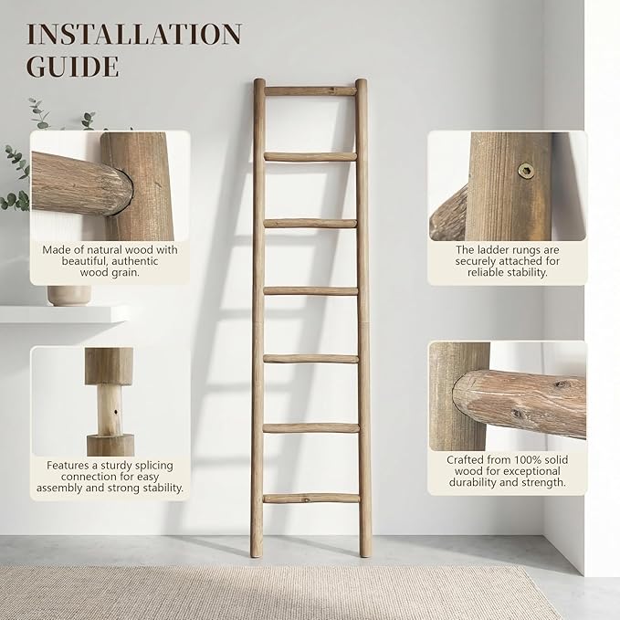 Wooden Blanket Ladder - 76in Natural Wood Color- Leaning Wall Decor for Bedroom, Bathroom, Living Room - Rustic Quilt Holder 