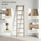 Wooden Blanket Ladder - 76in Natural Wood Color- Leaning Wall Decor for Bedroom, Bathroom, Living Room - Rustic Quilt Holder 