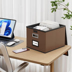 Huolewa File Organizer Boxes with Lids, Collapsible Faux Leather Hanging File Folder Box Organizer with Plastic Slide, Decora