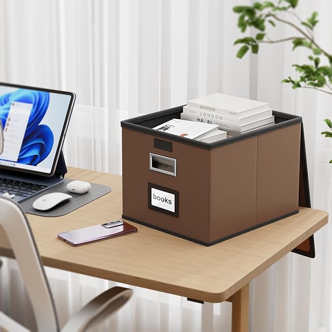 Huolewa File Organizer Box with Lid, Collapsible Leather File Folder Organizer for Office Document Storage, Filing Box with P