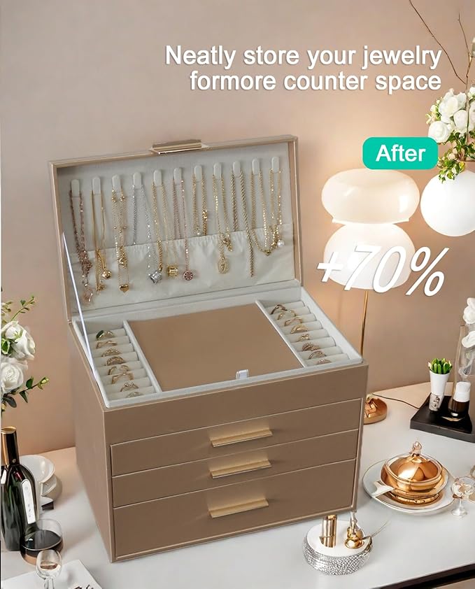 BOOVO Jewelry Boxes for Women, 5 Layer Jewelry Organizer with Necklace Hanger and Drawers, Large Jewelry Box for Earrings, Ne