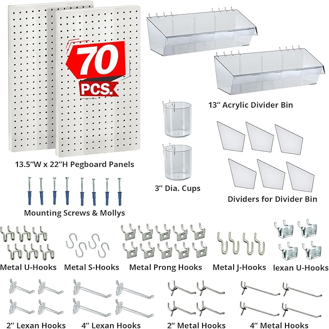 Azar Displays, 900945-WHT, 70 Piece Pegboard Organizer, Wall Mount Peg Board Combination Panel Kit for Bedroom, Craft Room, S
