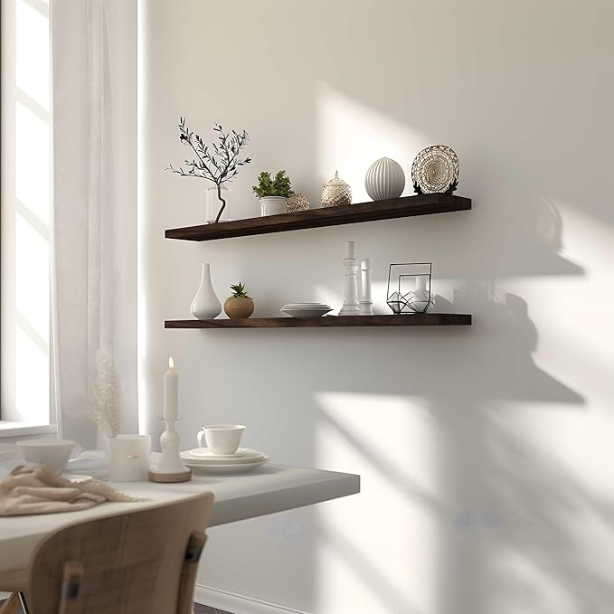 PHPH 48 Inch Wood Floating Shelves for Wall, Wooden Wall Shelves for Bedroom, Set of 4 Brown
