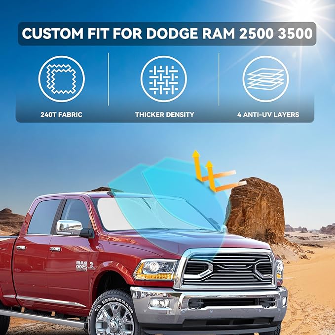 for Dodge RAM 2500 3500 2010-2025 2026 Windshield Sun Shade - 4 Layers Car Sunshades for Front Windows Shade Cover Custom Fit RAM 2500 3500 250T Retractable Shade Blocks UV Rays Car Accessories