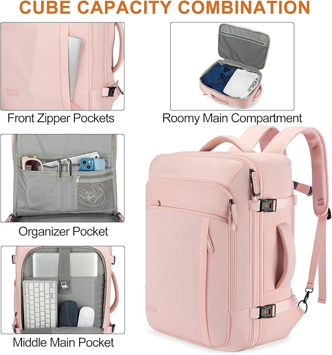 Lumesner Carry on Travel Backpacks, Extra Large 40L Flight Approved Bag for Men & Women,Expandable Suitcase Backpack With 4 P