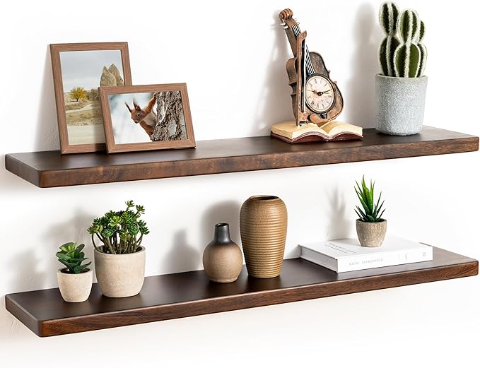 36" Rustic Walnut Wood Floating Shelves, 8 Inch Deep Wall Shelves for Home Decor, Wall Mounted Floating Shelf with Invisible 