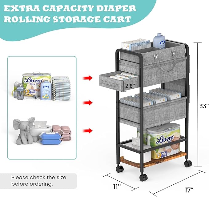 LIDTOP 2In1 Baby Diaper Caddy & 4-Tier Rolling Diaper Cart, Diaper Caddy Organizer Cart with Dividers & Drawer, Mobile Metal 