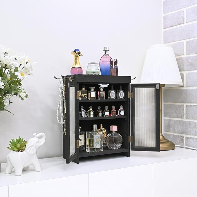 Ikee Design Wooden Countertop Storage Cabinet with Wavy Magnetic Door, Adjustable Shelves, Removable Hooks. Perfect for Perfu