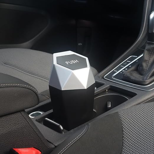 Car Trash Can Bin,Small Garbage Can with Lid,Automotive Cup Holder Mini Cars Trashcan,Portable Door Trash Cans,Car Essentials Gadgets Dustbin (2Pcs, Silver)
