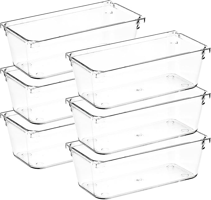 6 Pack Drawer Organizer - 3" X 6" Clear Acrylic Storage Bins with Non-Slip Pads, Versatile Desk Tray for Makeup, Jewelry, Kit