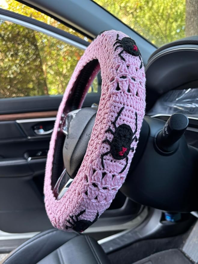 Crochet Spider Steering Wheel Cover Universal 14-15 inch (B,Steering Wheel Cover)