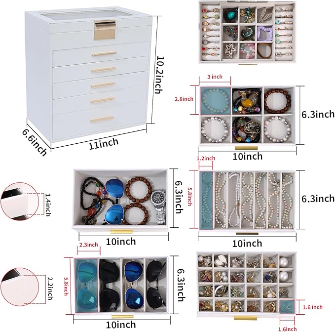 BOOVO Jewelry Boxes for Women, White and Black 6 Layer Large Jewelry Box for Necklace, Bracelet, Earrings, Rings Storage, Jew