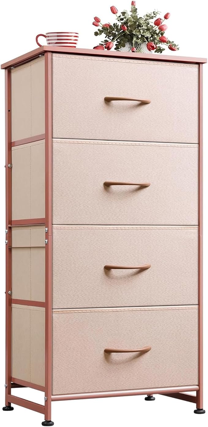WLIVE 4 Drawers Dresser for Bedroom, Pink Rose Gold Fabric Clothes Storage Organizer Unit, Dresser for Hallway, Entryway, Clo