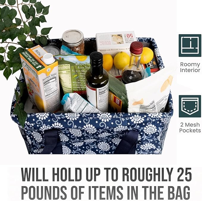Extra Large Utility Tote Bag - Oversized Collapsible Tote with Wire Frame, Durable Reusable for Beach, Groceries, Laundry, Car Trunk, Storage and Travel - includes 5x7 Bag with Hook - Navy Floral