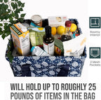 Extra Large Utility Tote Bag - Oversized Collapsible Tote with Wire Frame, Durable Reusable for Beach, Groceries, Laundry, Car Trunk, Storage and Travel - includes 5x7 Bag with Hook - Navy Floral