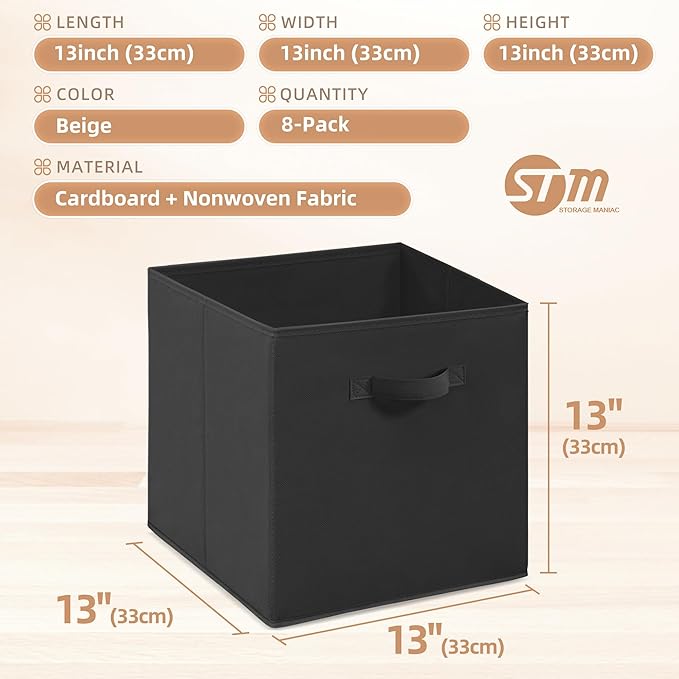 STORAGE MANIAC Storage Cubes, 13 Inch Collapsible Storage Bins with Handles, 8 Pack Fabric Foldable Bins for Organization, Du