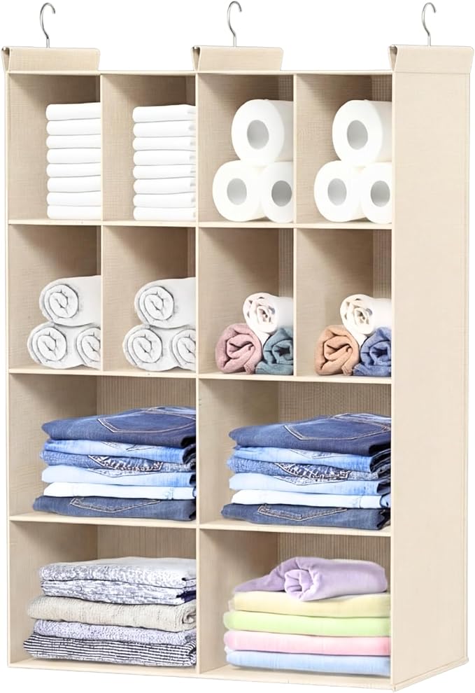Ofiray-home 4 Tier Hanging Closet Organizer, 12 Compartments Sweater Organizer for Closet with 3 Sturdy Hooks, Closet Organiz