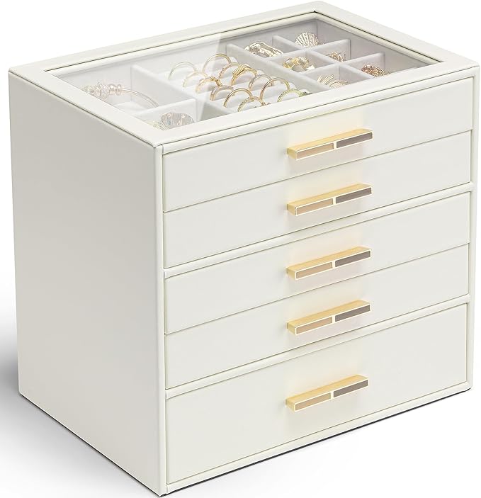 VLANDO 5 Layer Jewelry Box for Women, Glass Lid Jewelry Organizer with 5 Drawers for Necklaces Rings Earrings Bracelets - Clo