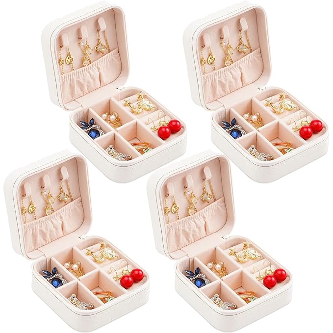 Neveika Portable Travel Mini Jewelry Box Leather Jewellery Ring Organizer Case Storage Gift Box Girls Women (4pcs White).