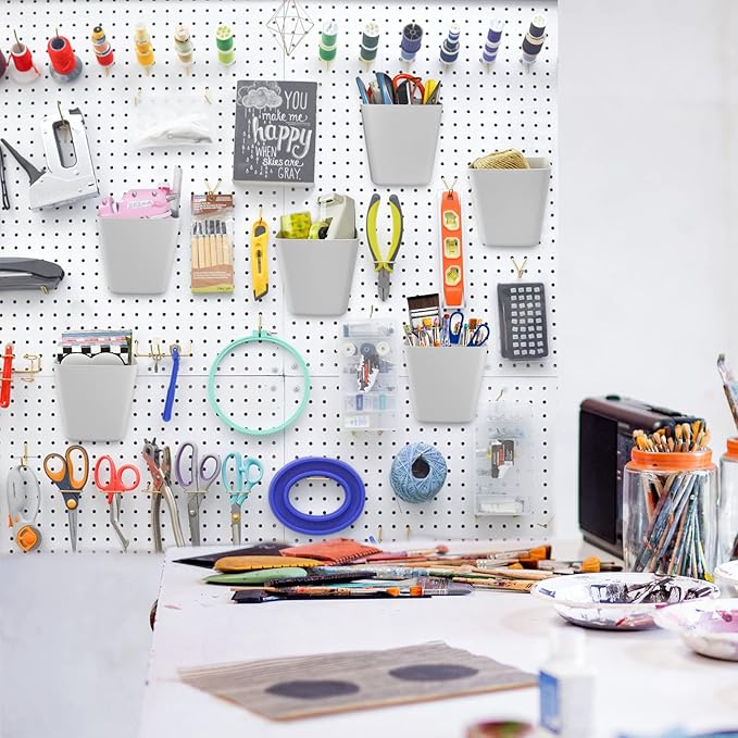 G.CORE Large Pegboard Cups Peg Board Storage Bin 6 Pack with Hooks, Square Box Shape Pegboard Cup Holder Accessories for Gara