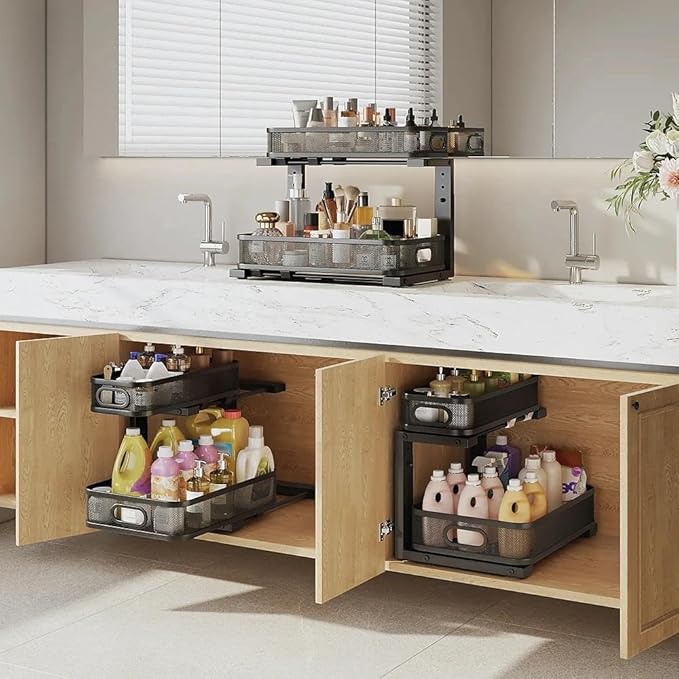 1 Pack 15.7IN-Depth Under Sink Organizer With Smooth Cylindrical Rail,2-Tier Pull Out Multi-Purpose Cabinet Storage for Bathr