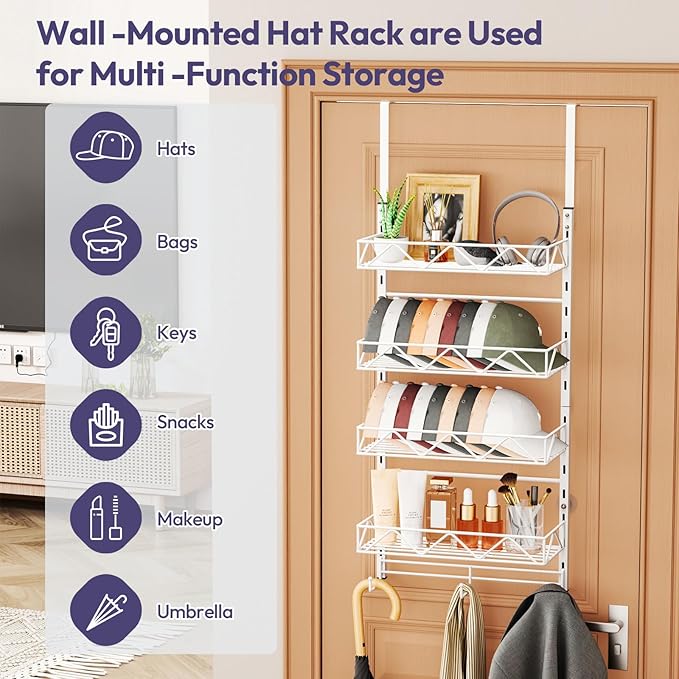 SWTYMIKI Over Door Hat Organizer - 5 Tier Wall Mounted Hat Rack with 4 Adjustable Metal Basket and 3 Hooks, Hanging Baseball 