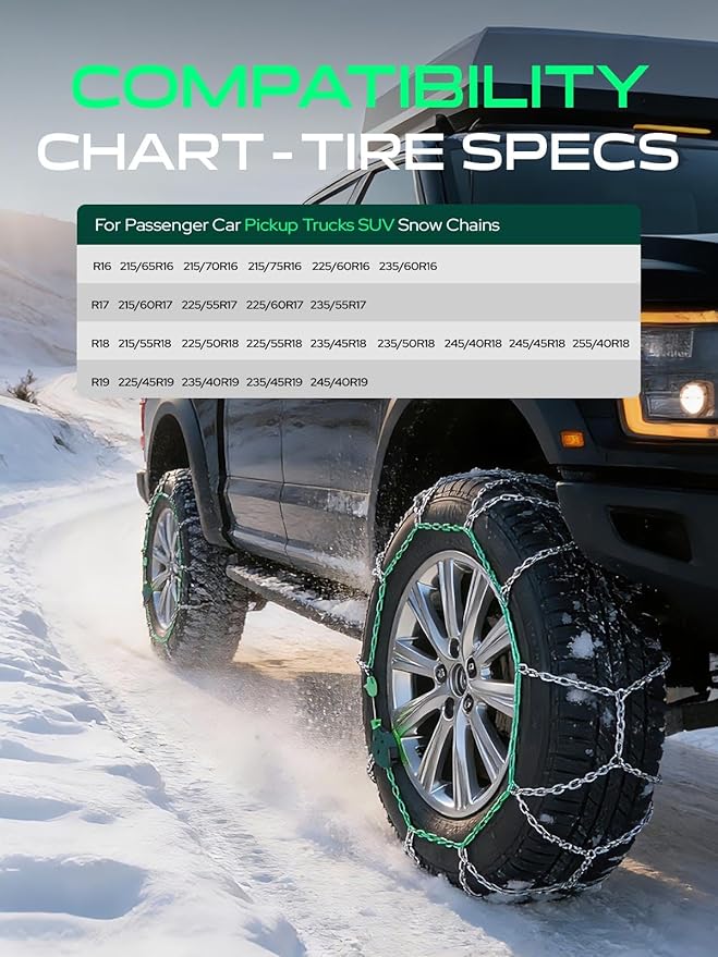 YHTAUTO Set of 2 Snow Chains 12mm for Pickup Truck SUV Passenger Car Universal Fit Tire Chains Auto-Tightening Quick Installa
