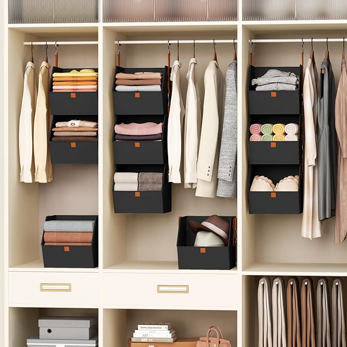 Homsorout Collapsible Hanging Closet Organizer - 3 Tier Closet Shelves Storage System with Hooks, Fabric Hanging Storage Bins